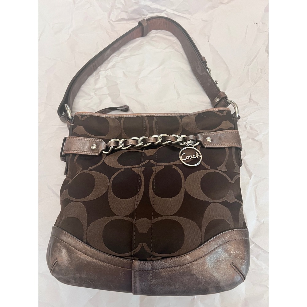 Coach Signature Duffel Brown Jacquard Metallic Bronze Leather Bag F19730